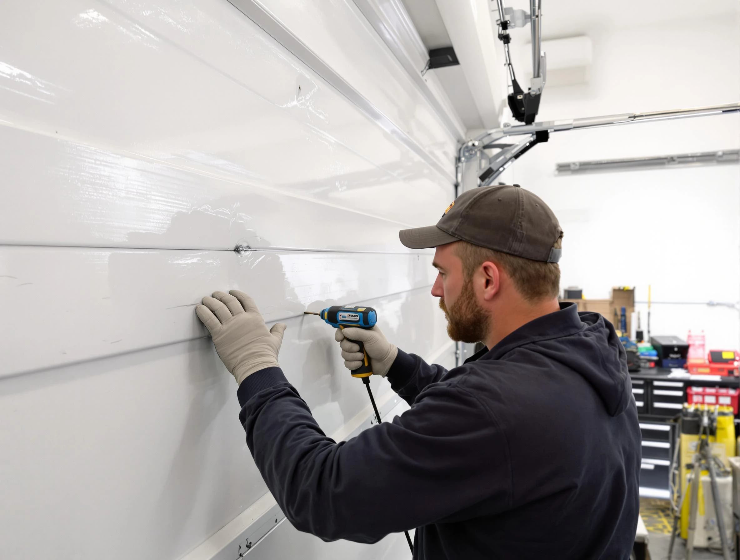 Casa Grande Garage Door Repair technician demonstrating precision dent removal techniques on a Casa Grande garage door